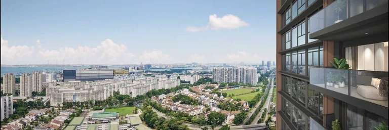 ELTA, artist&rsquo;s impression: the view from a high-floor balcony across the low-rise homes and the playing fields of Clementi towards the sea
