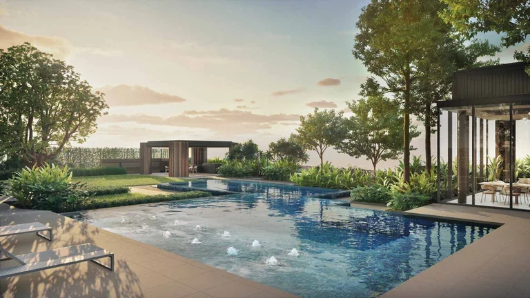 ELTA, artist&rsquo;s impression: the bubble pool and family pool at sunset, edged with loungers and trees, with a timber pavilion beyond