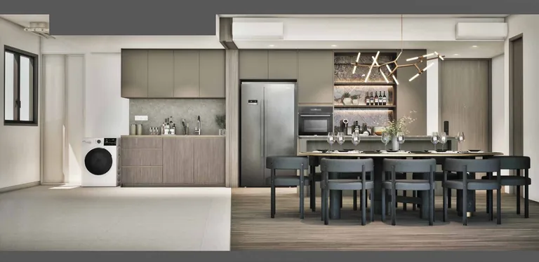 ELTA, artist&rsquo;s impression: the dry and wet kitchen with built-in oven, fridge and washer-dryer, opening onto the dining area and its pendant light
