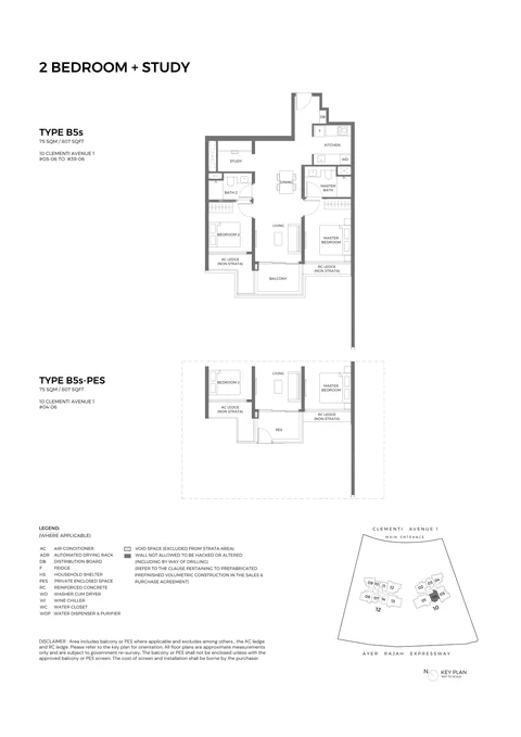 ELTA floor plan, Type B5s (Essential 2-Bedroom + Study): 2 bedrooms + study, 75 sq m (807 sq ft), 36 homes in Block 10, stack 06, 4th to 39th storey (B5s-PES on the 4th) (developer drawing with key plan)