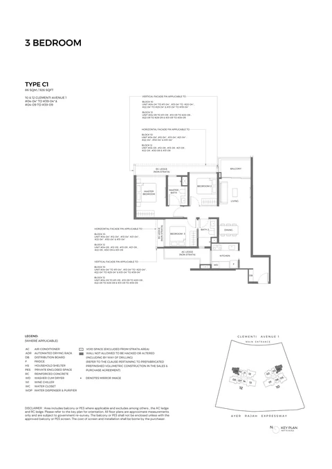 ELTA floor plan, Type C1 (Elegant 3-Bedroom): 3 bedrooms, 86 sq m (926 sq ft), 72 homes in Block 10 stack 04 and Block 12 stack 09, 4th to 39th storey (developer drawing with key plan)