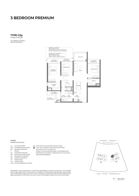 ELTA floor plan, Type C2p (Elegant 3-Bedroom Premium): 3 bedrooms, 95 sq m (1,023 sq ft), 36 homes in Block 10, stack 02, 4th to 39th storey (developer drawing with key plan)