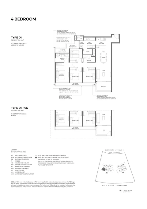 ELTA floor plan, Type D1 (Exclusive 4-Bedroom): 4 bedrooms, 110 sq m (1,184 sq ft), 36 homes in Block 12, stack 08, 4th to 39th storey (D1-PES on the 4th) (developer drawing with key plan)