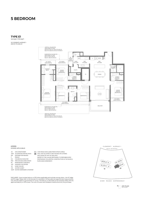 ELTA floor plan, Type E1 (Exquisite 5-Bedroom): 5 bedrooms, 165 sq m (1,776 sq ft), 35 homes in Block 10, stack 01, 5th to 39th storey (developer drawing with key plan)
