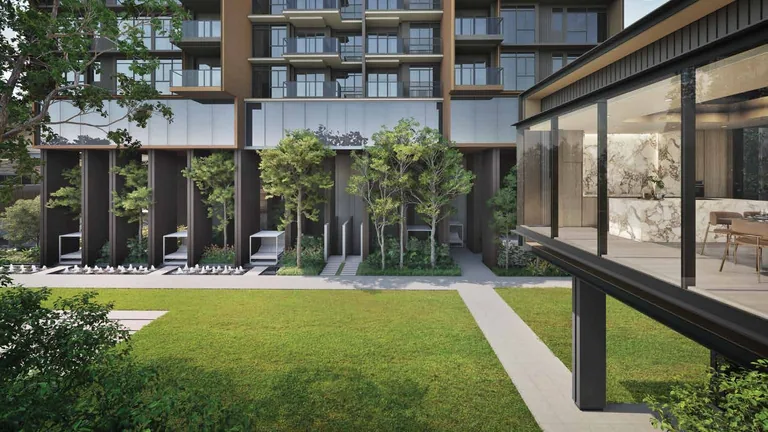 ELTA, artist&rsquo;s impression: the grand lawn below the towers, a glass function pavilion at its edge and cabanas along a planted walk