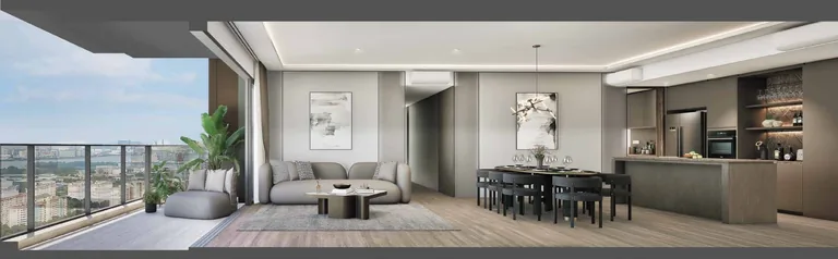 ELTA, artist&rsquo;s impression: a living and dining room opening onto a full-width balcony, with the island kitchen and a wine display at the far end