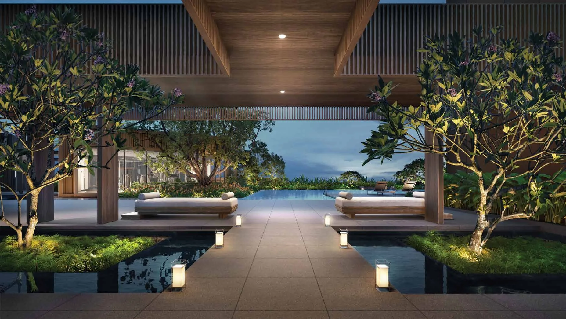 ELTA, artist&rsquo;s impression: the Pavilion grand lobby of The ELTA Club at dusk, a timber-ceilinged lounge between reflecting pools opening onto the pool deck