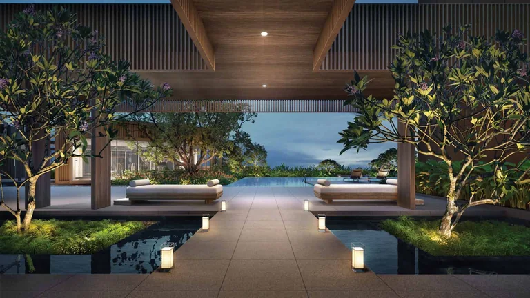 ELTA, artist&rsquo;s impression: the Pavilion grand lobby of The ELTA Club at dusk, a timber-ceilinged lounge between reflecting pools opening onto the pool deck
